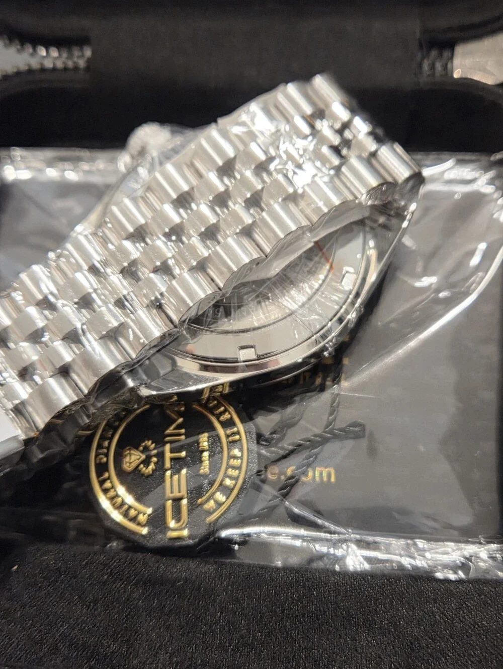 IceTime Jubilee 41mm Men White Gold Steel Watch Black Dial Iced 0.10ct Diamonds